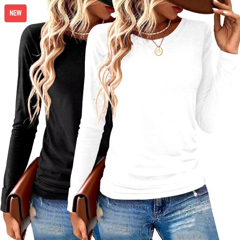 2 Pack Long Sleeve Crewneck T-Shirts, Soft Stretch Fabric, Relaxed Fit